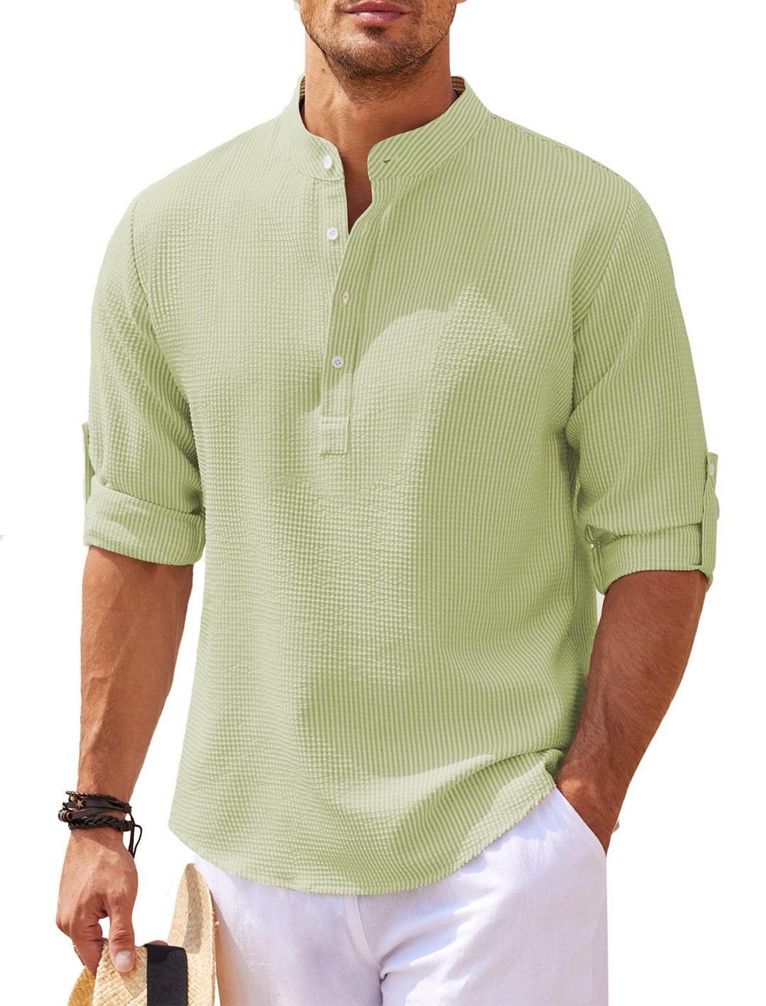 Men's Casual Shirt Long Sleeve Stand Collar Solid Color Shirt Mens Clothing-Teresa&#39;s Fashionista LLC