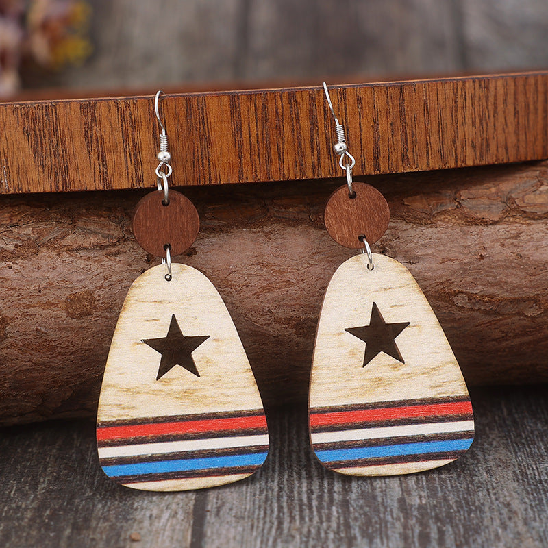 Cutout Star & Stripes Wooden Dangle Earrings-Teresa&#39;s Fashionista LLC