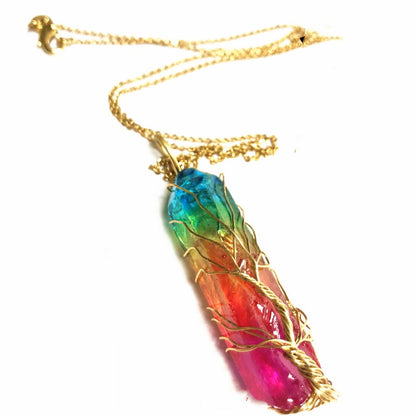 Crystal Plating Rainbow Color Crystal Pillar Tree Of Life Pendant Necklace-Teresa&#39;s Fashionista LLC