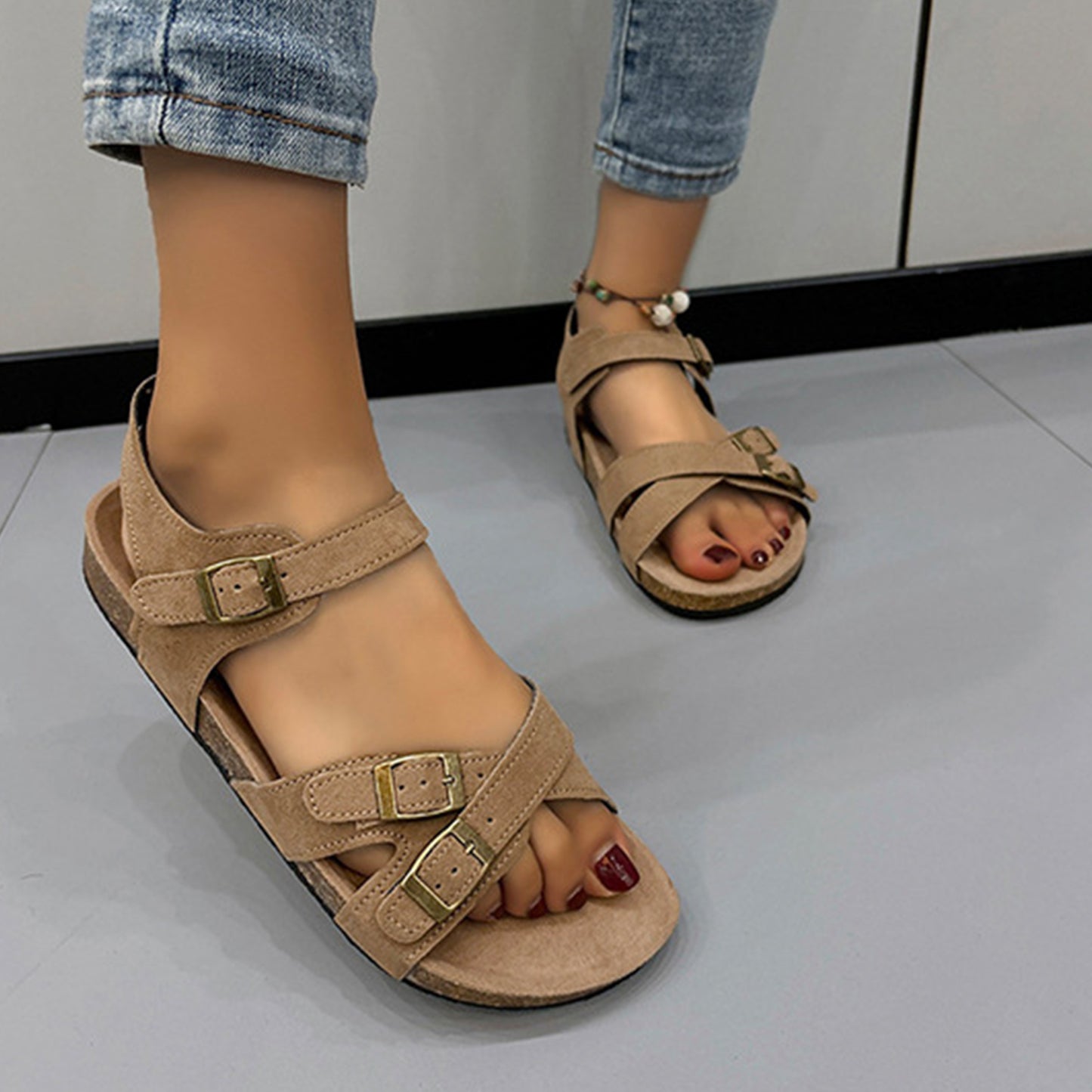 Open Toe Flat Buckle Sandals-Teresa&#39;s Fashionista LLC