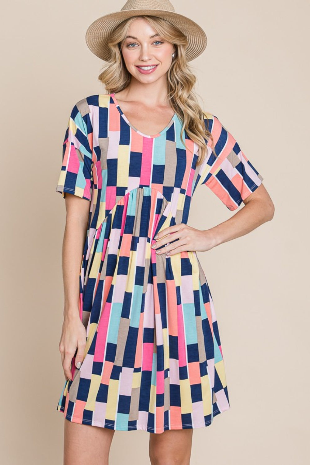 BOMBOM Ruched Color Block Short Sleeve Mini Dress-Teresa&#39;s Fashionista LLC