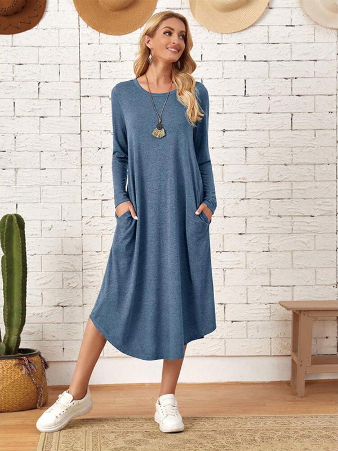 Pocketed Round Neck Long Sleeve Tee Dress-Teresa&#39;s Fashionista LLC