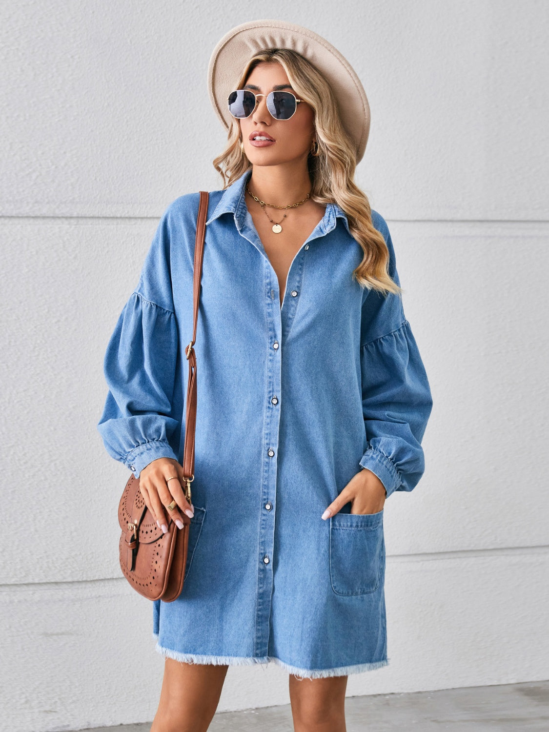 Button Up Pocketed Raw Hem Denim Dress-Teresa&#39;s Fashionista LLC