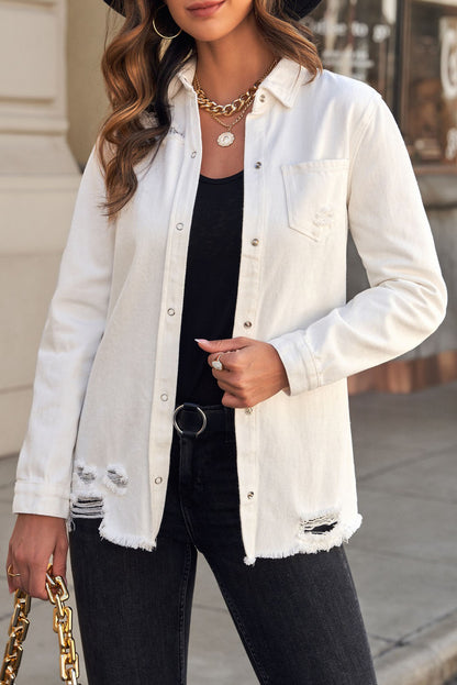 Distressed Snap Down Denim Jacket-Teresa&#39;s Fashionista LLC