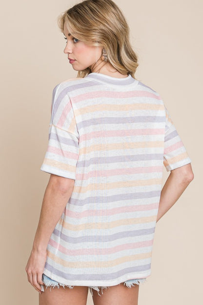 BOMBOM Striped V-Neck Short Sleeve T-Shirt-Teresa&#39;s Fashionista LLC