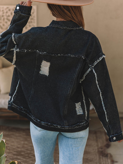 Button Up Raw Hem Distressed Denim Jacket-Teresa&#39;s Fashionista LLC