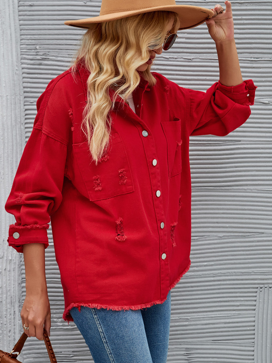 Distressed Raw Hem Button Up Denim Jacket-Teresa&#39;s Fashionista LLC