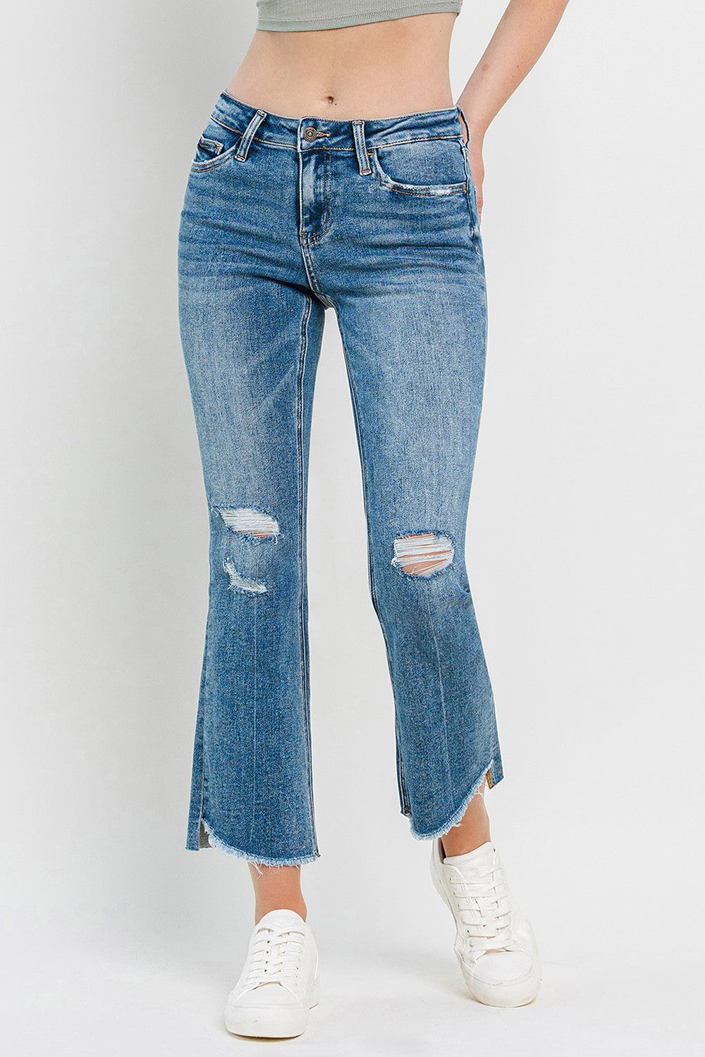 Vervet by Flying Monkey Full Size Mid Rise Distressed Cropped Flare Jeans-Teresa&#39;s Fashionista LLC