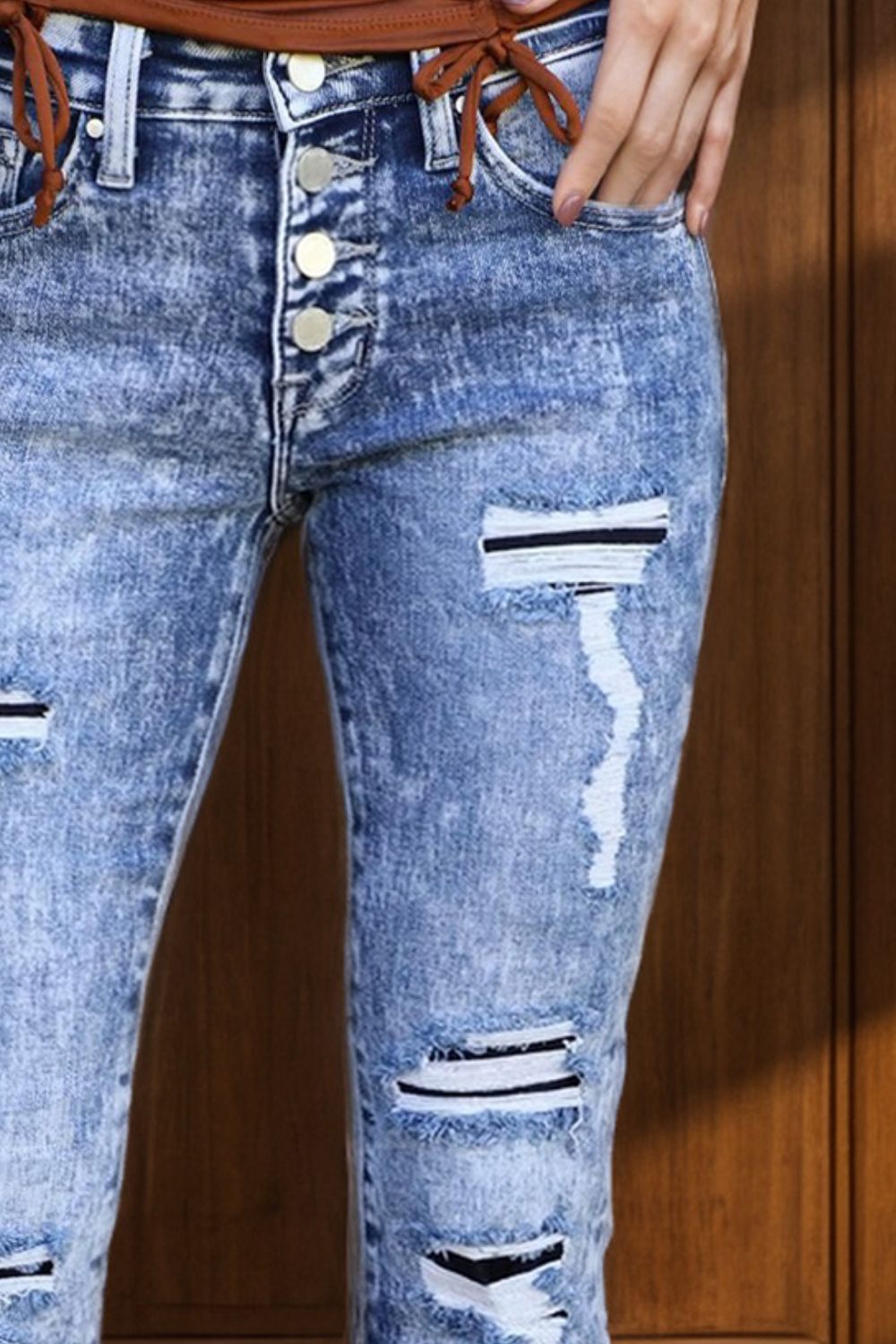 Distressed Button-Fly Bootcut Jeans with Pockets-Teresa&#39;s Fashionista LLC