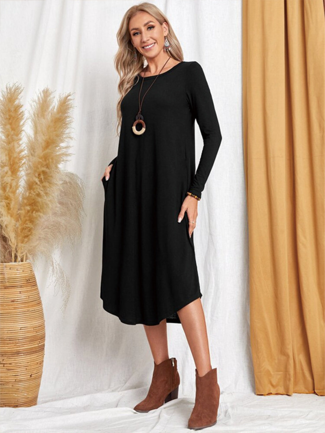 Pocketed Round Neck Long Sleeve Tee Dress-Teresa&#39;s Fashionista LLC