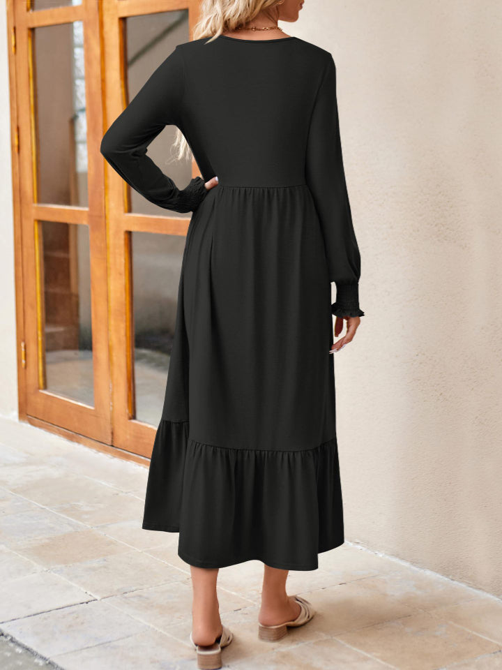 Round Neck Lantern Sleeve Ruffle Hem Dress-Teresa&#39;s Fashionista LLC