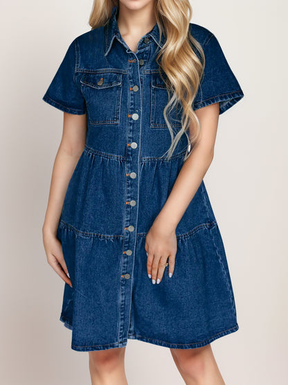 Button Up Short Sleeve Denim Dress-Teresa&#39;s Fashionista LLC