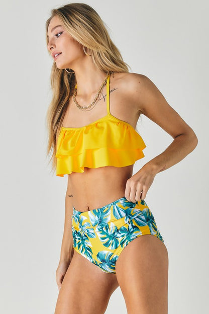 Solid Ruffle Top And Printed Bottom Swimsuit-Teresa&#39;s Fashionista LLC