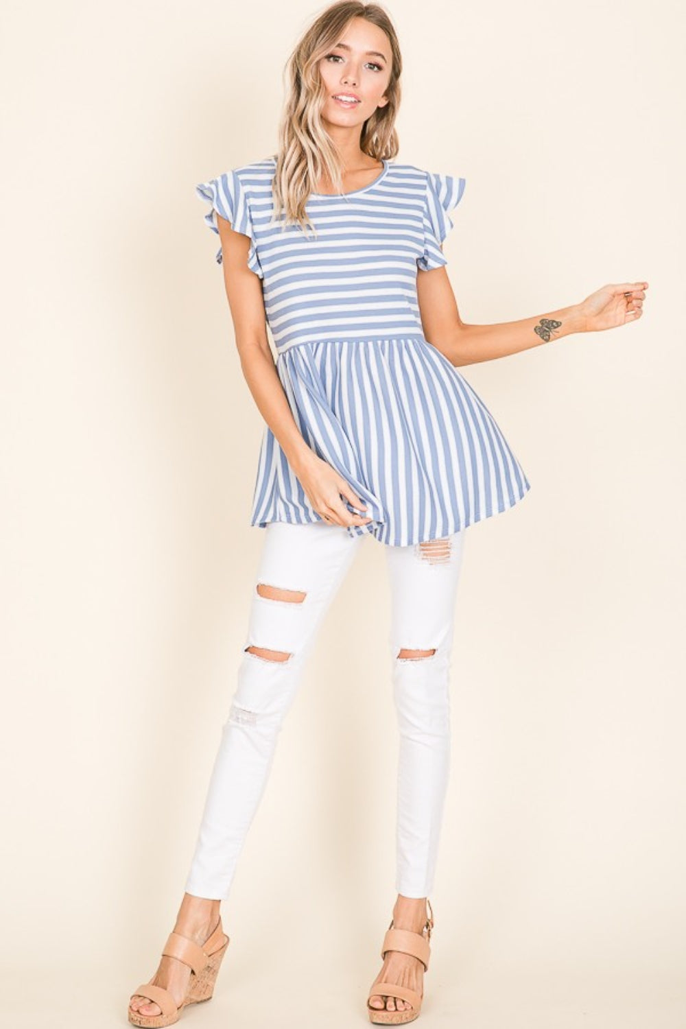 BOMBOM Striped Round Neck Blouse-Teresa&#39;s Fashionista LLC