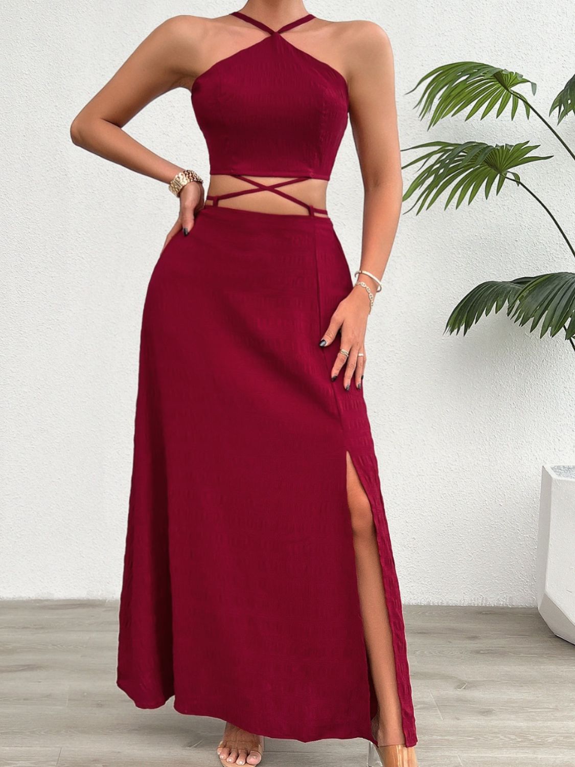 Grecian Neck Top and Slit Skirt Set-Teresa&#39;s Fashionista LLC