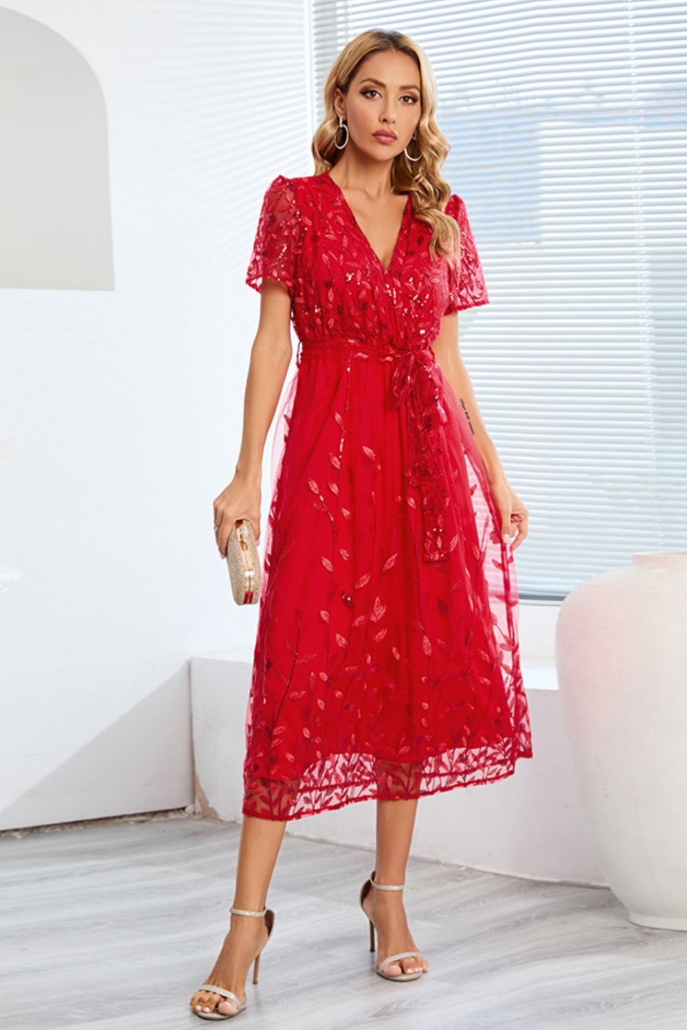 Sequin Leaf Embroidery Tie Front Short Sleeve Dress-Teresa&#39;s Fashionista LLC