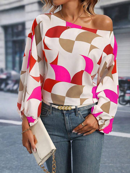 Printed One Shoulder Balloon Sleeve Blouse-Teresa&#39;s Fashionista LLC