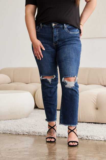 RFM Crop Dylan Full Size Tummy Control Distressed High Waist Raw Hem Jeans-Teresa&#39;s Fashionista LLC