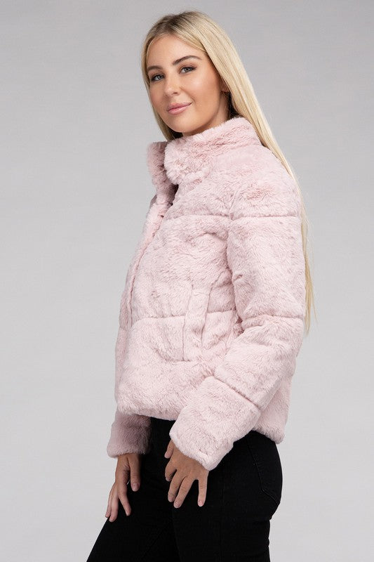 Fluffy Zip-Up Sweater Jacket-Teresa&#39;s Fashionista LLC