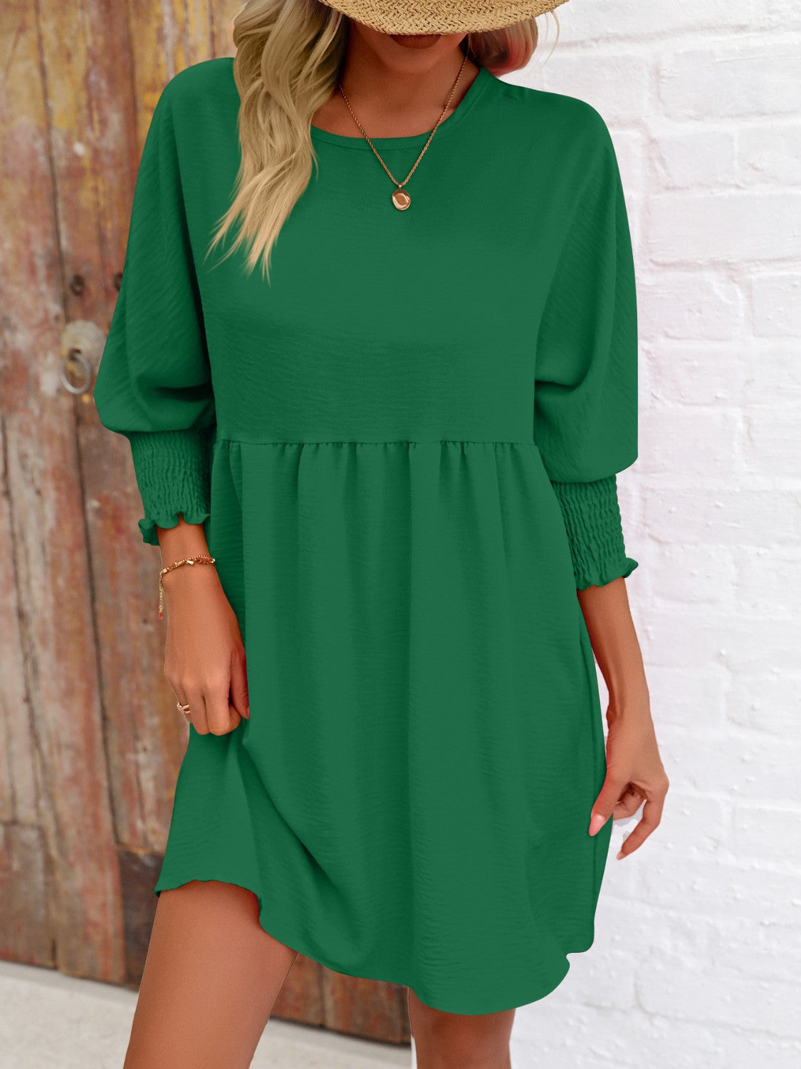 Round Neck Lantern Sleeve Mini Dress-Teresa&#39;s Fashionista LLC