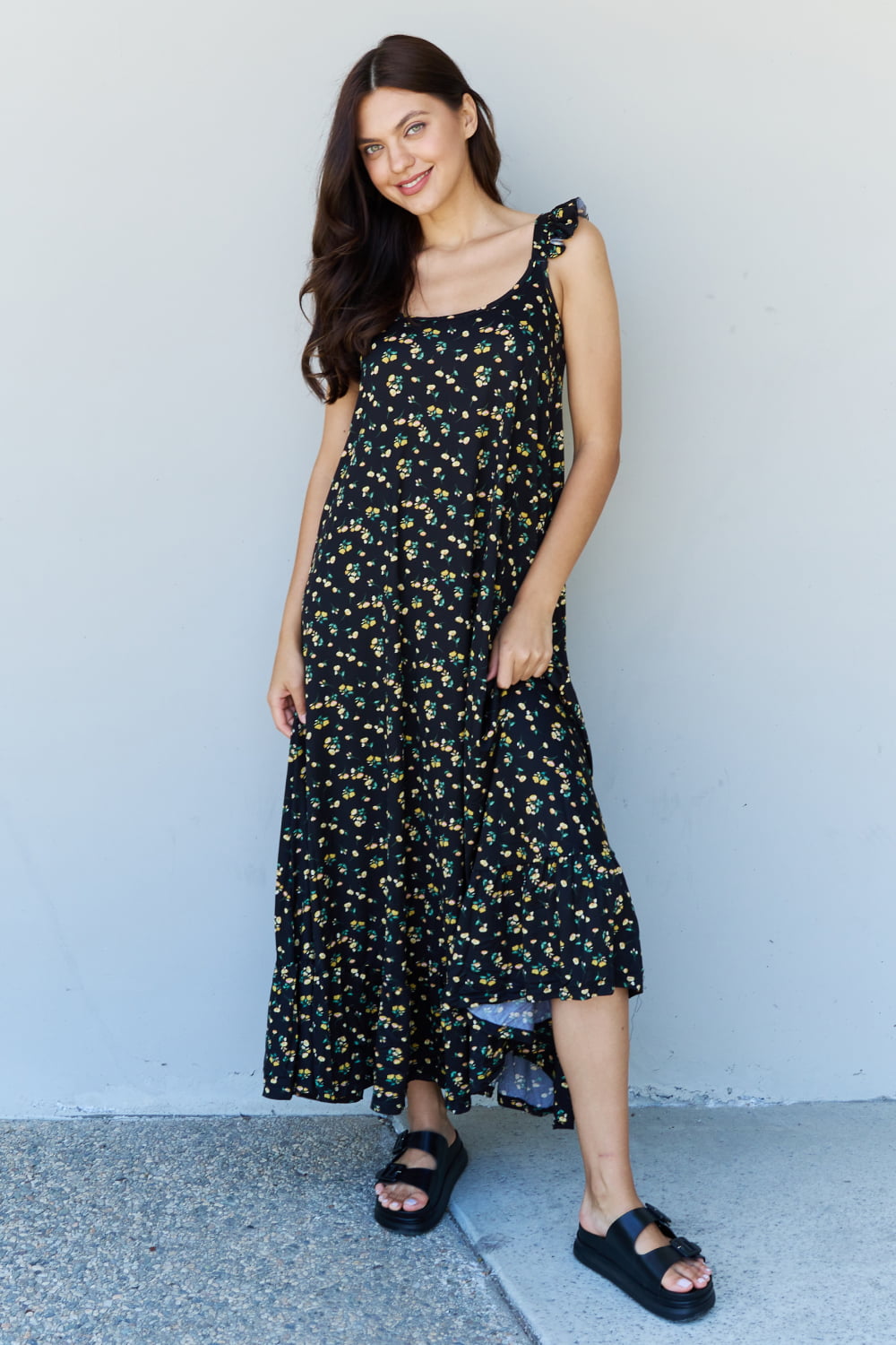 Doublju In The Garden Ruffle Floral Maxi Dress in Black Yellow Floral-Teresa&#39;s Fashionista LLC