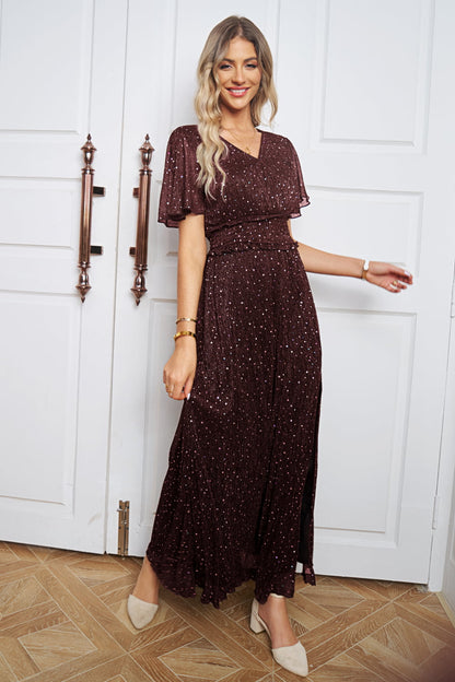 V-Neck High Slit Glitter Maxi Dress-Teresa&#39;s Fashionista LLC