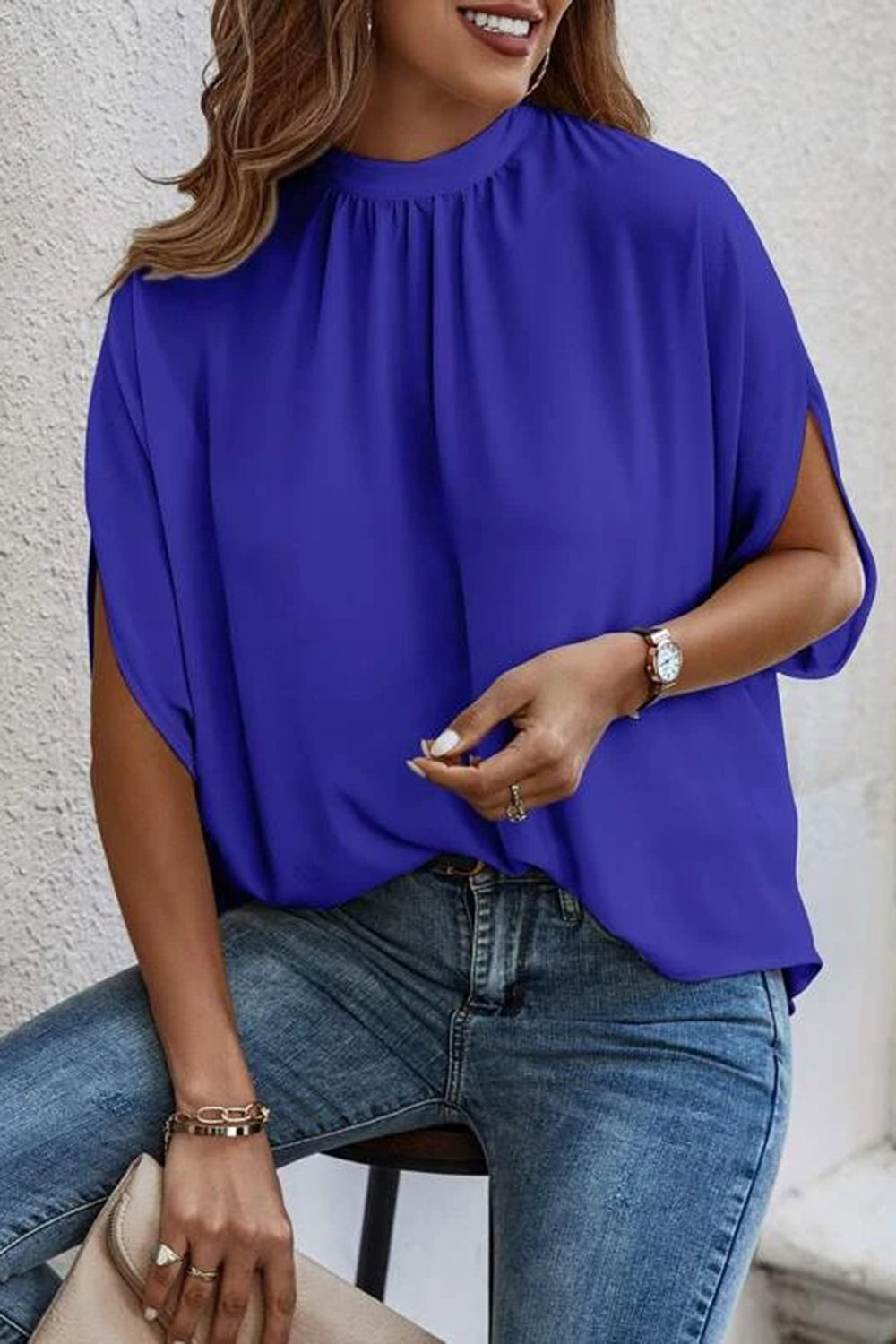 Tie Back Slit Half Sleeve Blouse-Teresa&#39;s Fashionista LLC