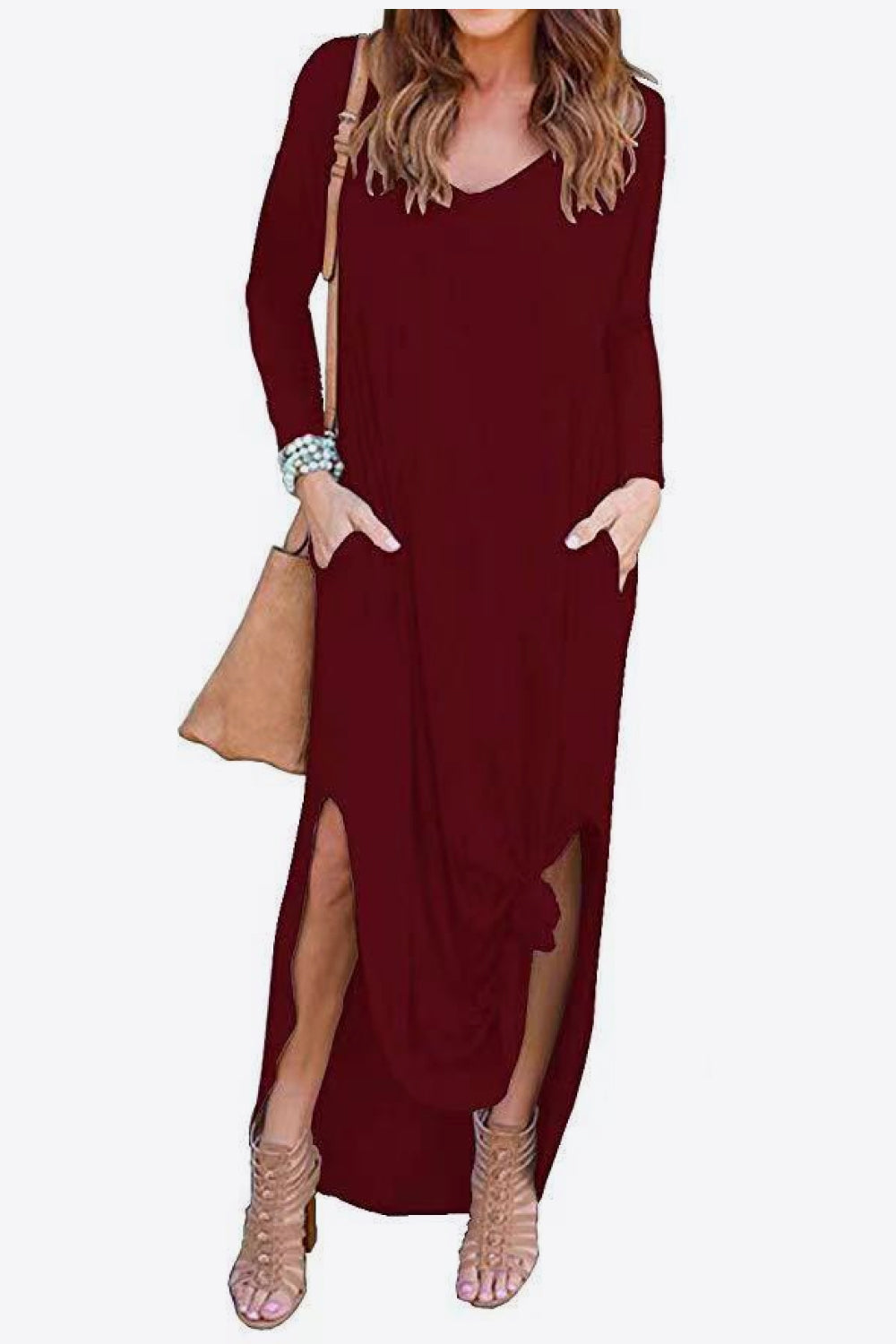 Split Long Sleeve V-Neck Maxi Dress-Teresa&#39;s Fashionista LLC