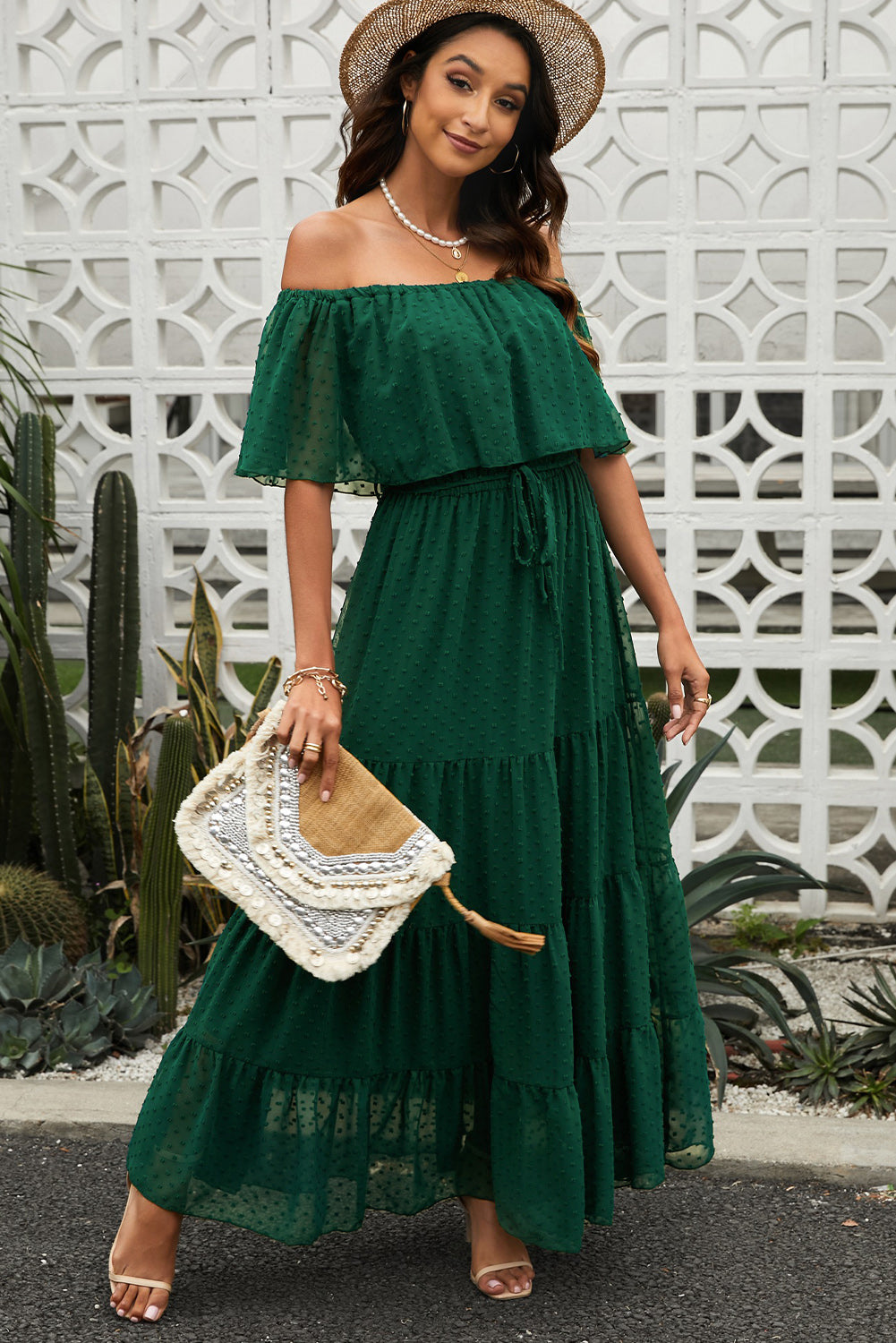 Swiss Dot Off-Shoulder Tiered Maxi Dress-Teresa&#39;s Fashionista LLC