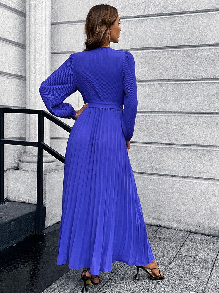 V-Neck Tie Waist Pleated Maxi Dress-Teresa&#39;s Fashionista LLC