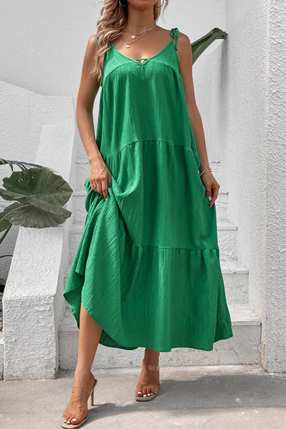 Tie-Shoulder Tiered Maxi Dress-Teresa&#39;s Fashionista LLC