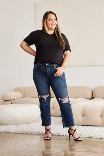 RFM Crop Dylan Full Size Tummy Control Distressed High Waist Raw Hem Jeans-Teresa&#39;s Fashionista LLC