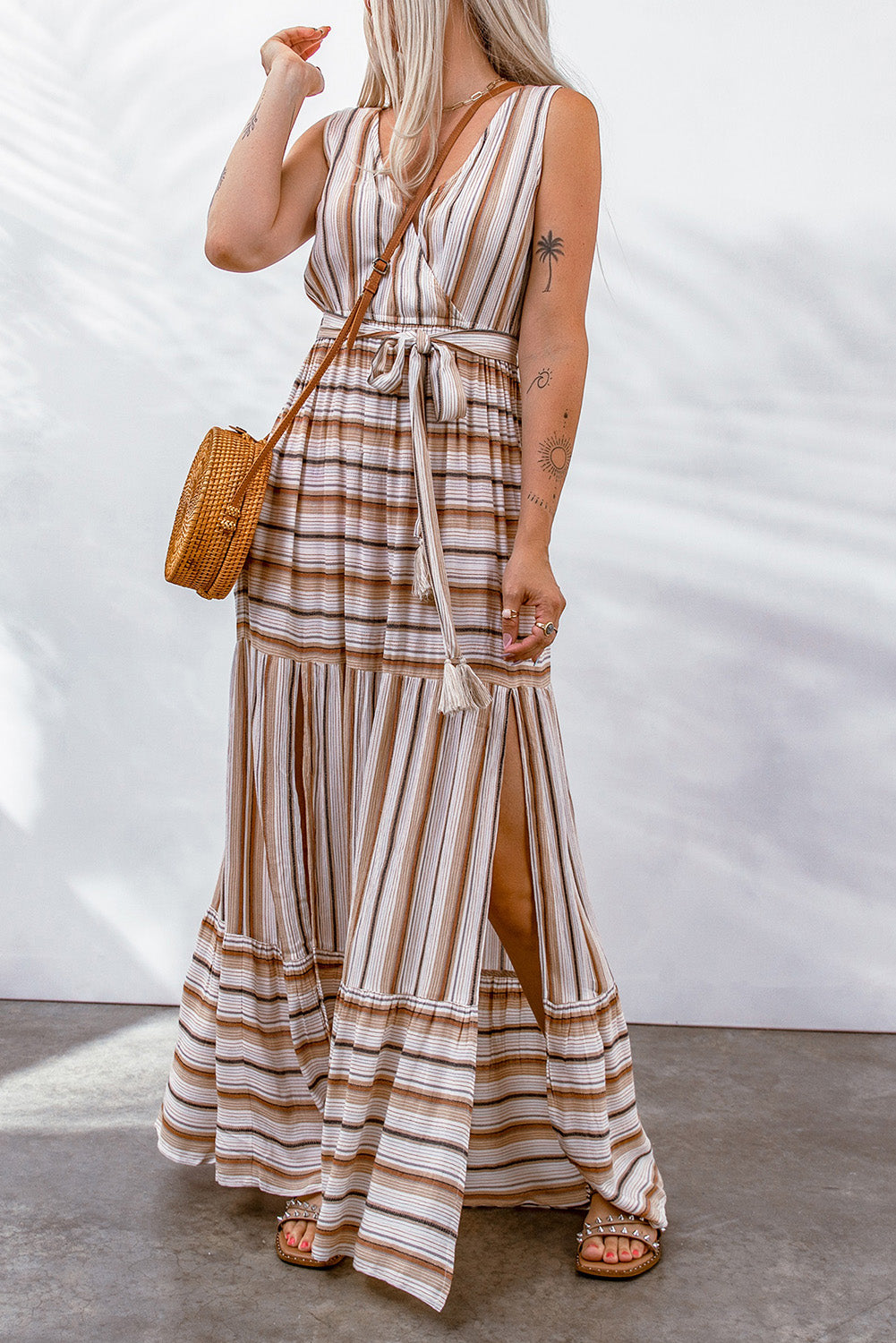 Striped Tie Waist Slit Sleeveless Dress-Teresa&#39;s Fashionista LLC