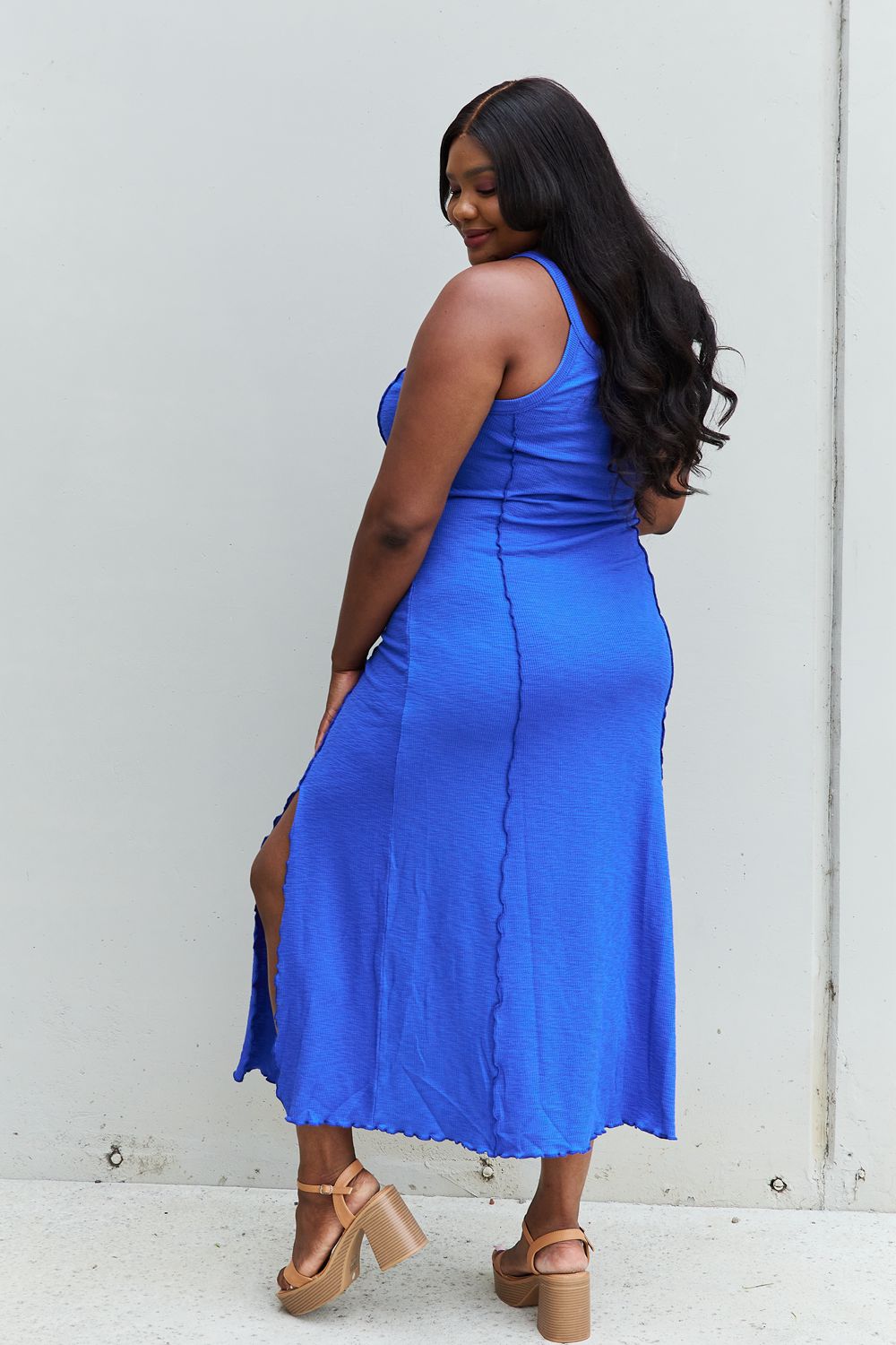 Culture Code Look At Me Full Size Notch Neck Maxi Dress with Slit in Cobalt Blue-Teresa&#39;s Fashionista LLC