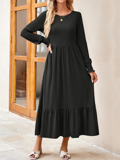 Round Neck Lantern Sleeve Ruffle Hem Dress-Teresa&#39;s Fashionista LLC