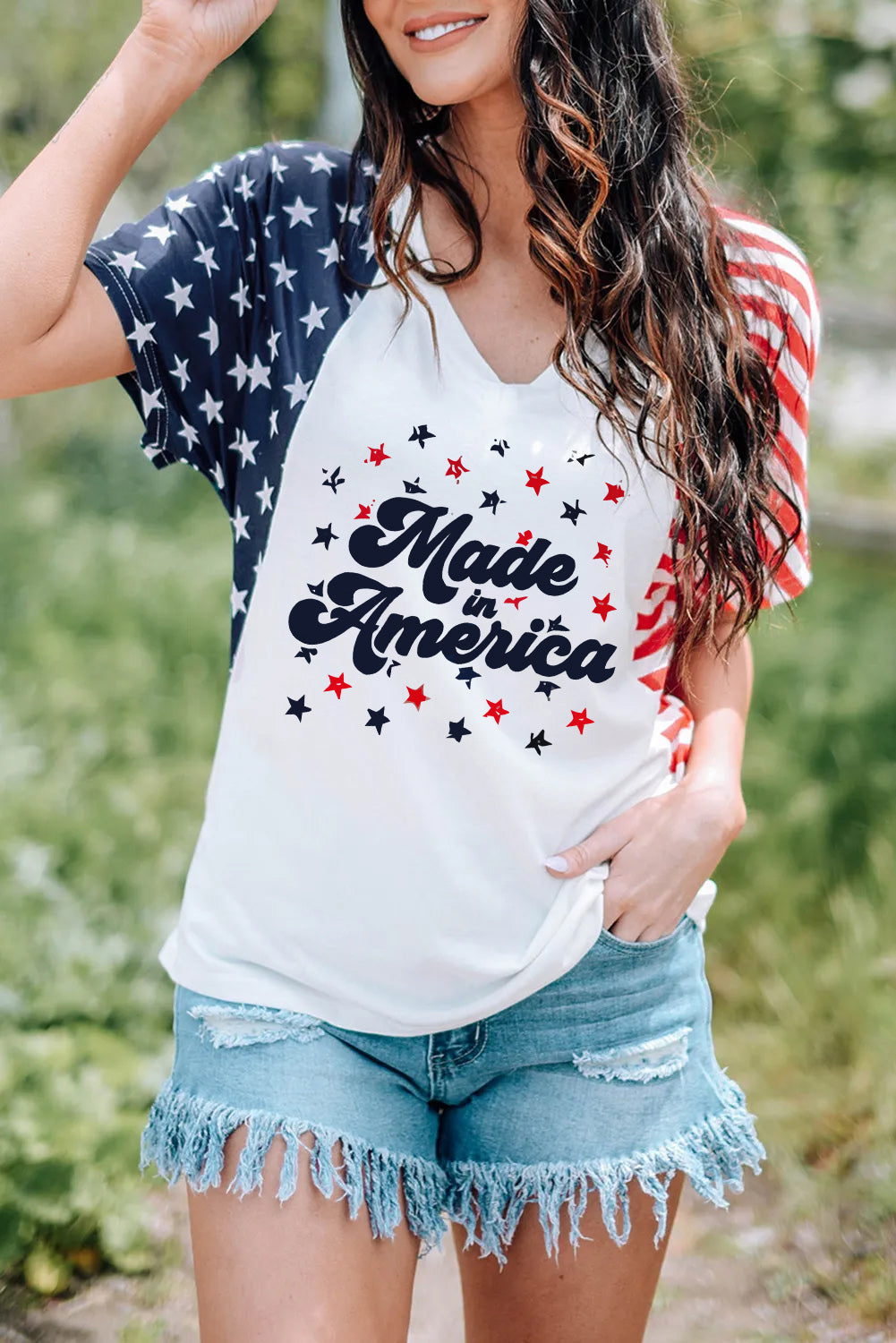 Stars and Stripes V-Neck Tee Shirt-Teresa&#39;s Fashionista LLC