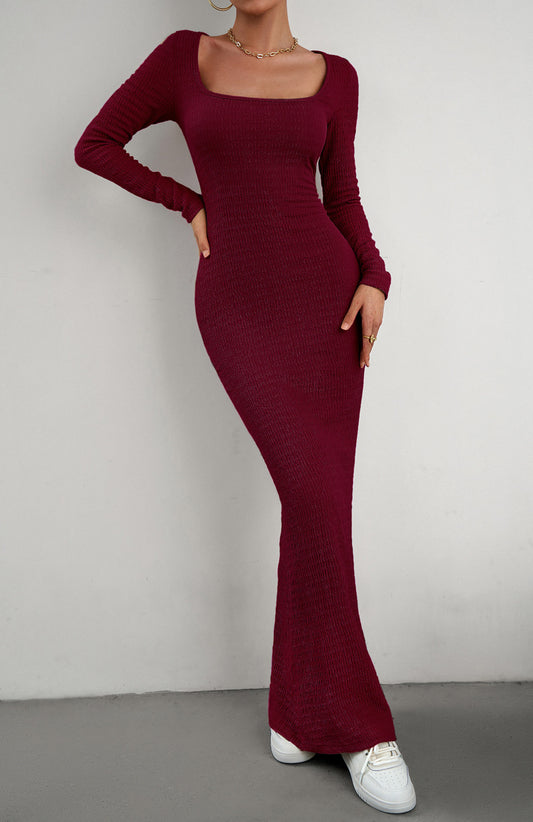 Long Sleeve Square Neck Maxi Bodycon Dress - Teresa's Fashionista LLC