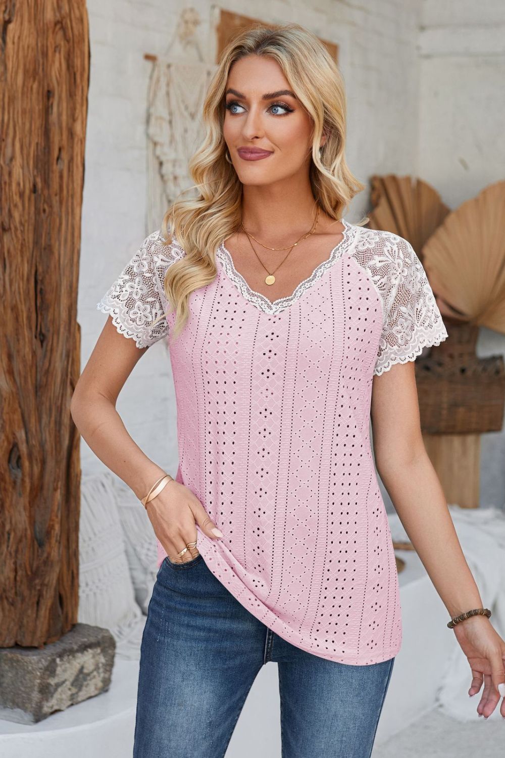 Eyelet V-Neck Lace Short Sleeve T-Shirt-Teresa&#39;s Fashionista LLC