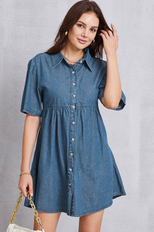 Button Up Collared Neck Tiered Denim Dress-Teresa&#39;s Fashionista LLC