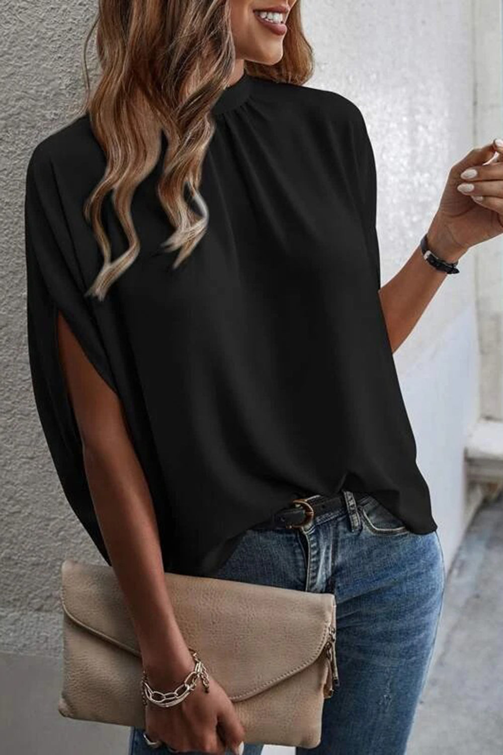 Tie Back Slit Half Sleeve Blouse-Teresa&#39;s Fashionista LLC