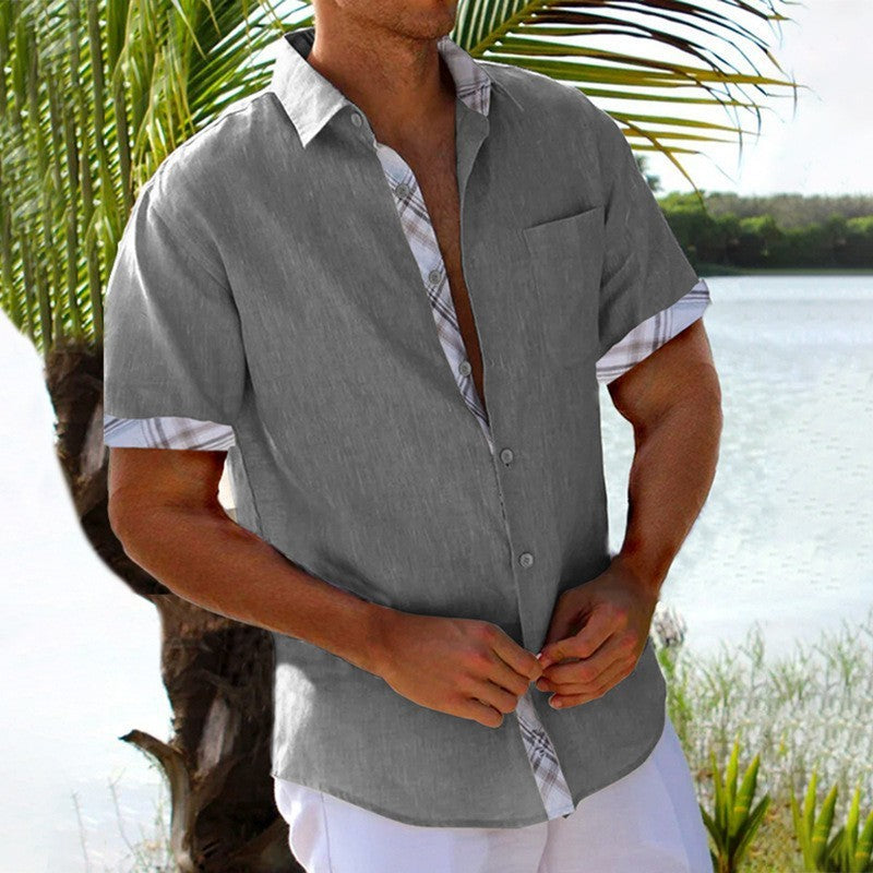 Vacation Short Sleeve Shirts With Plaid Side Summer Hawaii Beach Top Mens Clothing-Teresa&#39;s Fashionista LLC