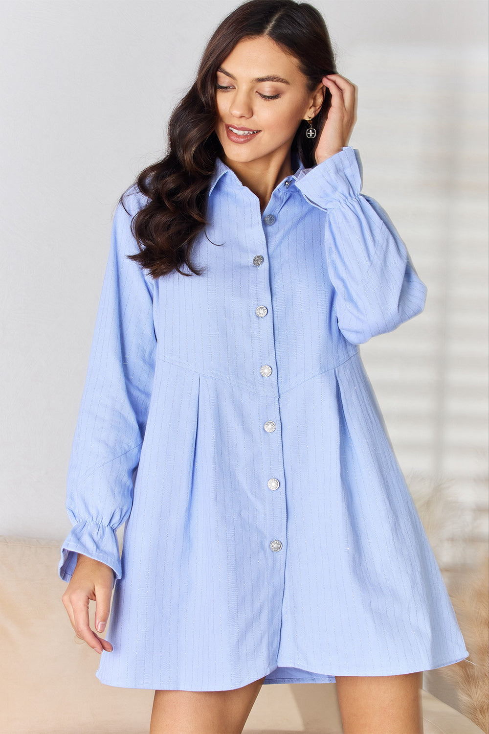 Button Up Collared Neck Flounce Sleeve Denim Dress-Teresa&#39;s Fashionista LLC