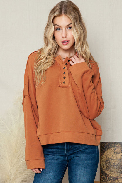 Quarter-Button Exposed Seam Dropped Shoulder Hoodie-Teresa&#39;s Fashionista LLC