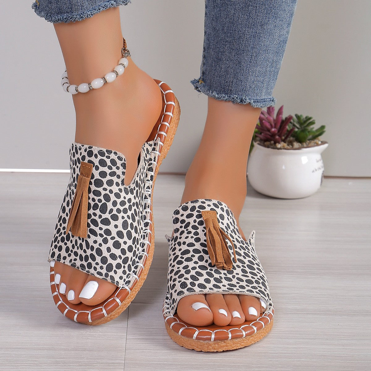 Fringe Leopard Open Toe Sandals-Teresa&#39;s Fashionista LLC