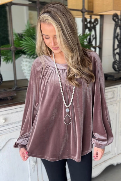 Rose Tan Button Keyhole Back Velvet Swing Top-Teresa&#39;s Fashionista LLC