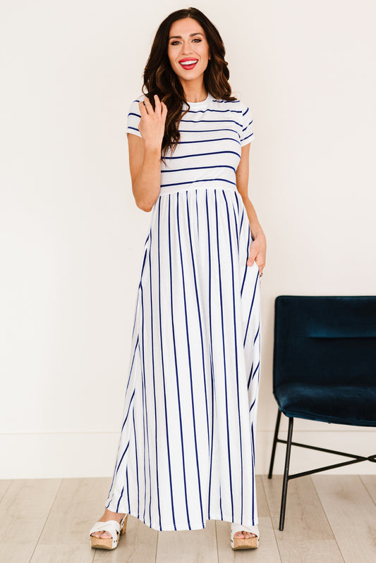 Striped Short Sleeve Crewneck Maxi Dress - Teresa's Fashionista LLC