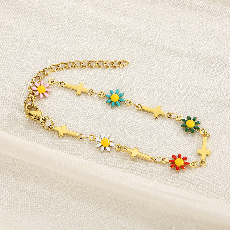 Flower & Cross Stainless Steel Bracelet-Teresa&#39;s Fashionista LLC