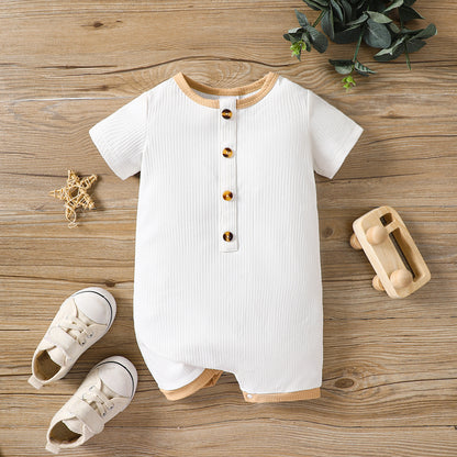 Round Neck Buttoned Short Sleeve Jumpsuit-Teresa&#39;s Fashionista LLC