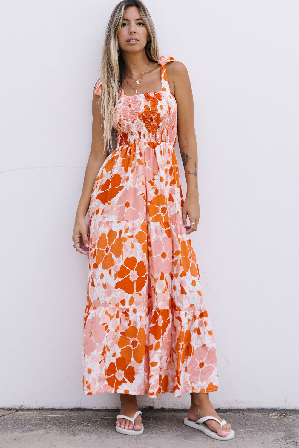 Floral Tie-Shoulder Smocked Maxi Dress-Teresa&#39;s Fashionista LLC