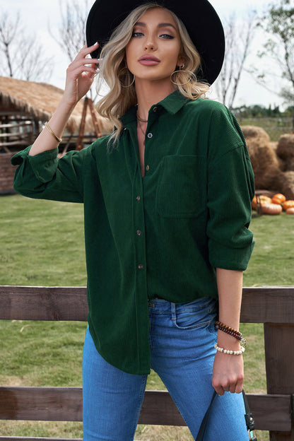 Corduroy Button-Up Pocket Shirt Jacket-Teresa&#39;s Fashionista LLC